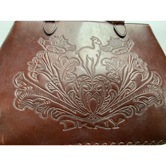 Vtg DKNY Handbag Purse Brown Tooled Deer Leather Stitches Zip Top Double Handles - Picture 3 of 8